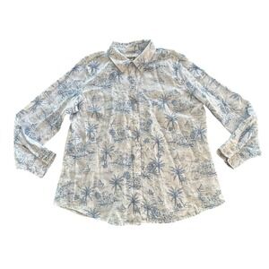 Martha Stewart Collection Womens Linen Palm Tree Coastal Scene Button Up Shirt L